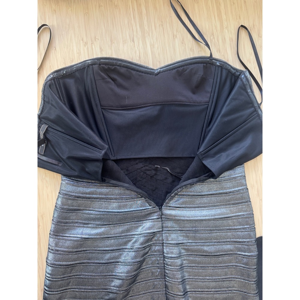 BCBGMAXAZRIA Metallic Bandage Strapless Bodycon Mini Dress Silver Black Medium - Picture 8 of 8